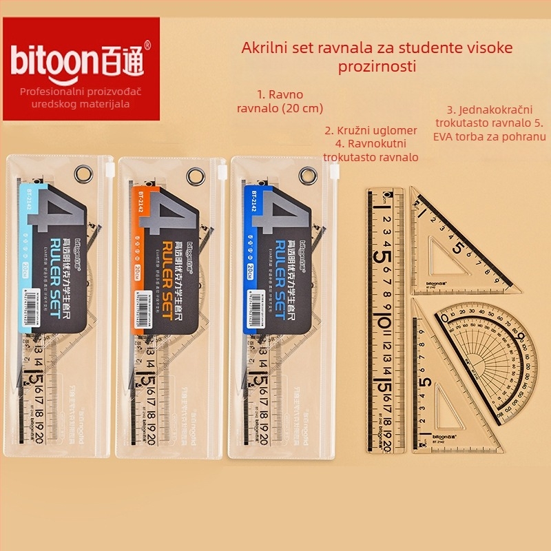 Prozirni četverodijelni set ravnala s kutomjerom i trokutom za učenike