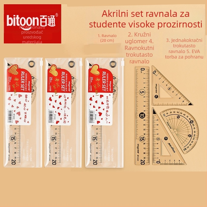 Prozirni četverodijelni set ravnala s kutomjerom i trokutom za učenike