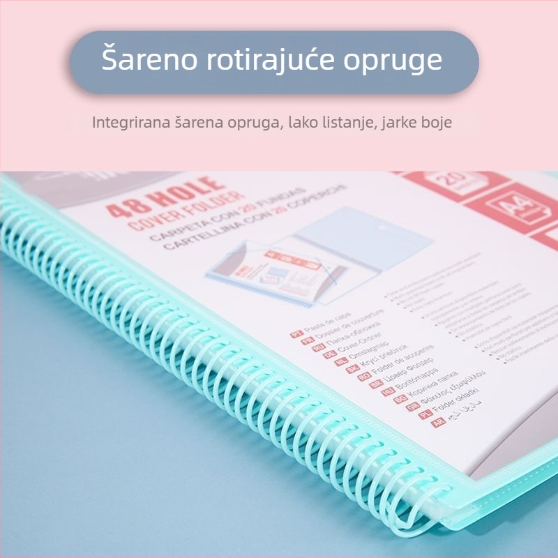 Prozirna PP mapa za A4 dokumente, 20 stranica, 48 rupa za spiralno povezivanje, pohranjivanje studentskih radova