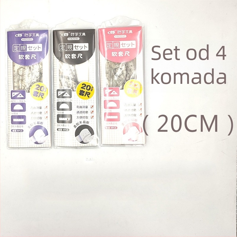 Prozirni plastični set od četiri ravnala za crtanje i projektiranje, uključuje ravnalo, trokut, kutomjer i 20 cm ravnalo
