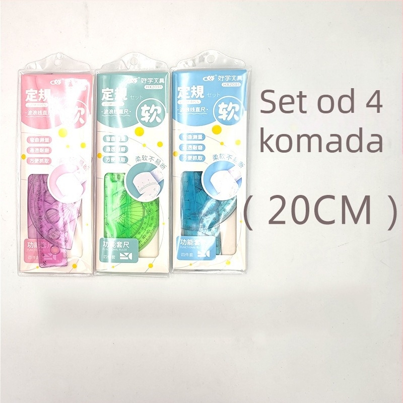 Prozirni plastični set od četiri ravnala za crtanje i projektiranje, uključuje ravnalo, trokut, kutomjer i 20 cm ravnalo