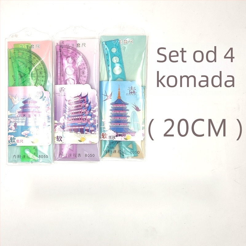 Prozirni plastični set od četiri ravnala za crtanje i projektiranje, uključuje ravnalo, trokut, kutomjer i 20 cm ravnalo