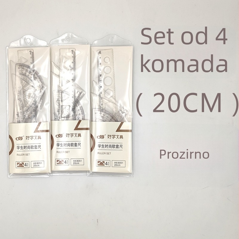Prozirni plastični set od četiri ravnala za crtanje i projektiranje, uključuje ravnalo, trokut, kutomjer i 20 cm ravnalo