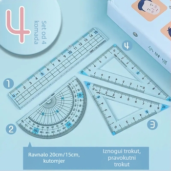 Dječji set od četiri meka gumena ravnala: ravnalo, kutnik, kutomjer, prozirno ravnalo od 20 cm