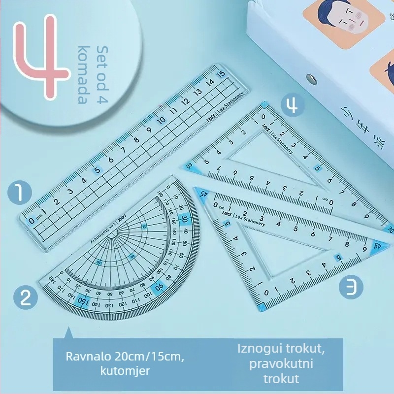 Dječji set od četiri meka gumena ravnala: ravnalo, kutnik, kutomjer, prozirno ravnalo od 20 cm