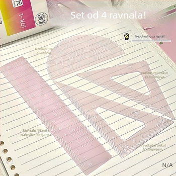 Silikonski set ravnala, 15 cm, četverodijelni set: kutomjer, ravnalo, trokutasto ravnalo i valovito ravnalo, za učenike
