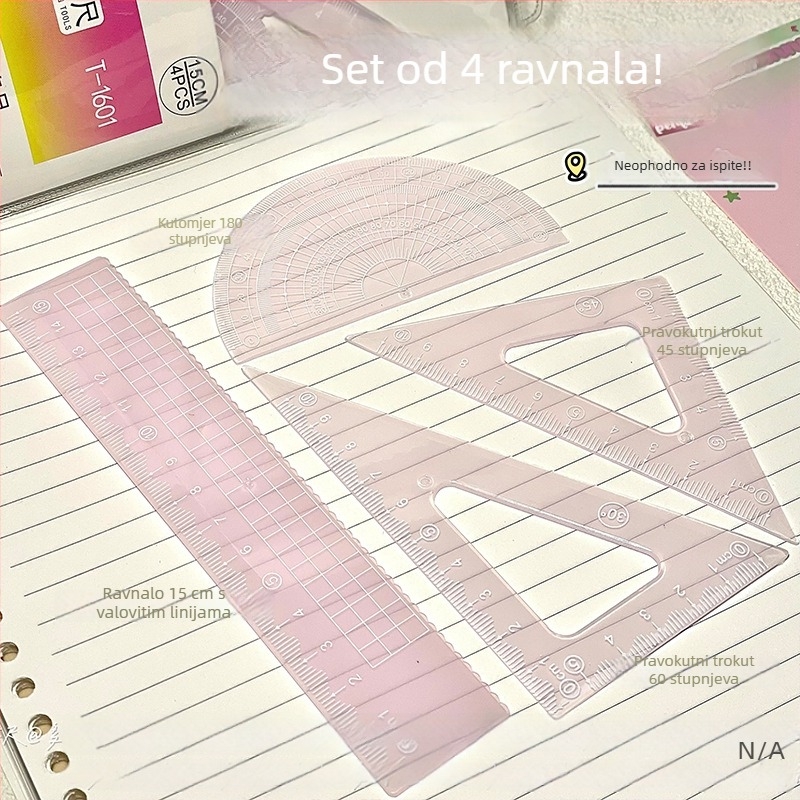 Silikonski set ravnala, 15 cm, četverodijelni set: kutomjer, ravnalo, trokutasto ravnalo i valovito ravnalo, za učenike