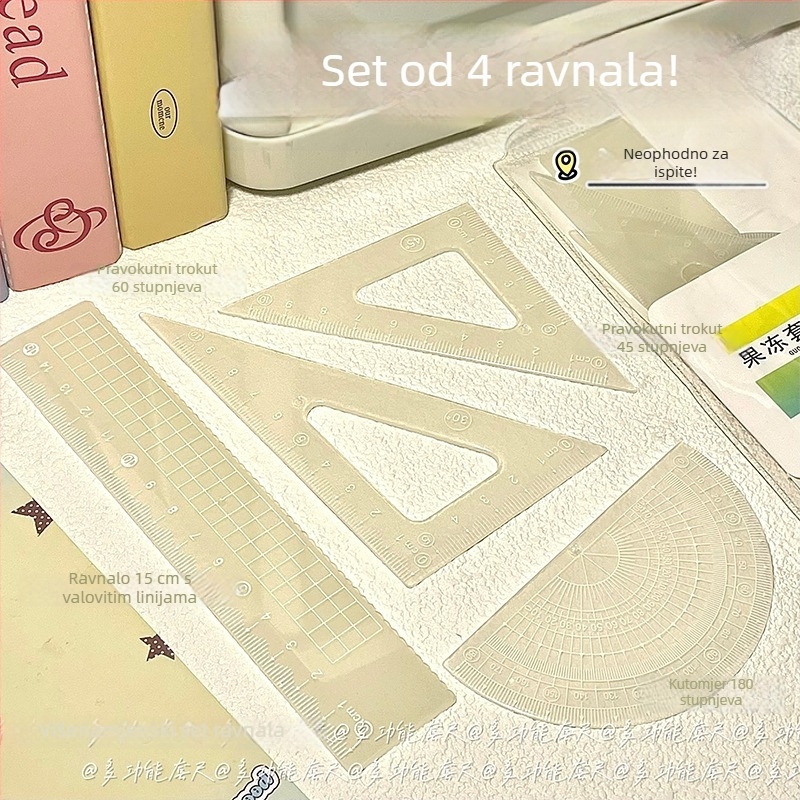 Silikonski set ravnala, 15 cm, četverodijelni set: kutomjer, ravnalo, trokutasto ravnalo i valovito ravnalo, za učenike