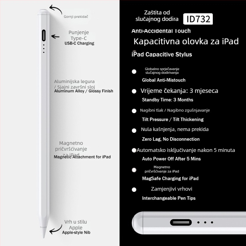 Stylus za iPad sa tri LED indikatora napajanja — magnetski kapacitivan olovka za crtanje i pisanje