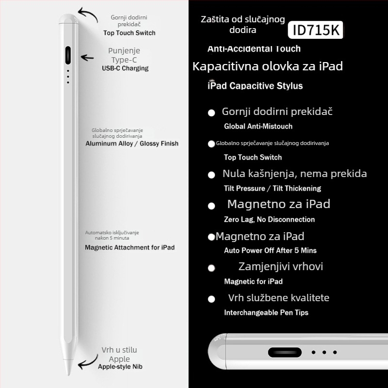 Stylus za iPad sa tri LED indikatora napajanja — magnetski kapacitivan olovka za crtanje i pisanje
