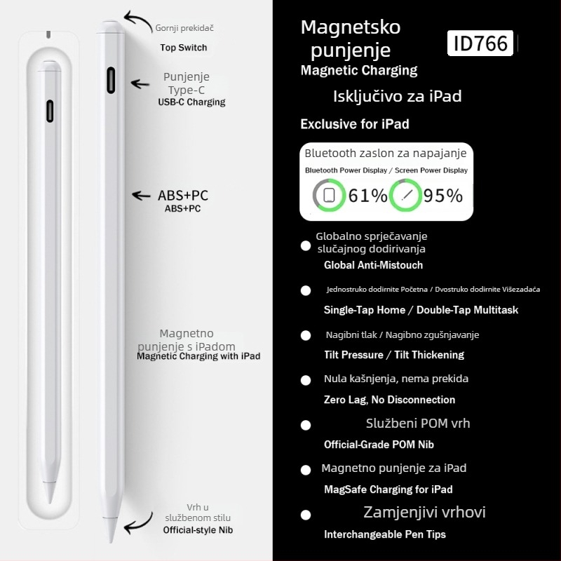 Stylus za iPad sa tri LED indikatora napajanja — magnetski kapacitivan olovka za crtanje i pisanje