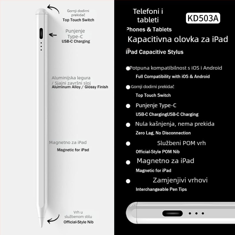 Stylus za iPad sa tri LED indikatora napajanja — magnetski kapacitivan olovka za crtanje i pisanje