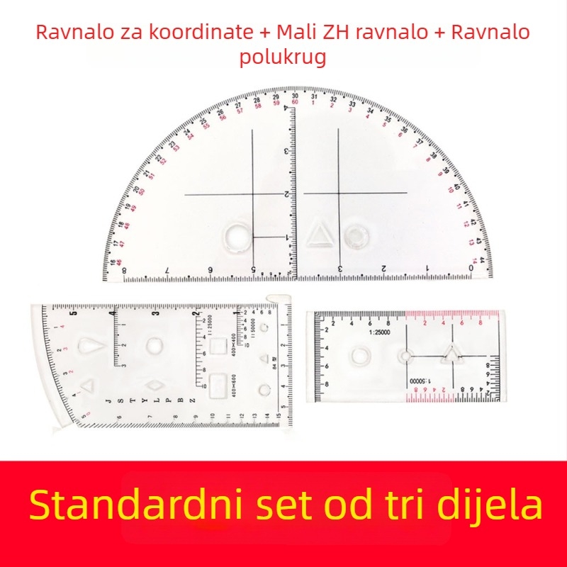 Trodjelni set: polukružni ravnalo, malo Zh ravnalo, koordinatno ravnalo za terenske operacije