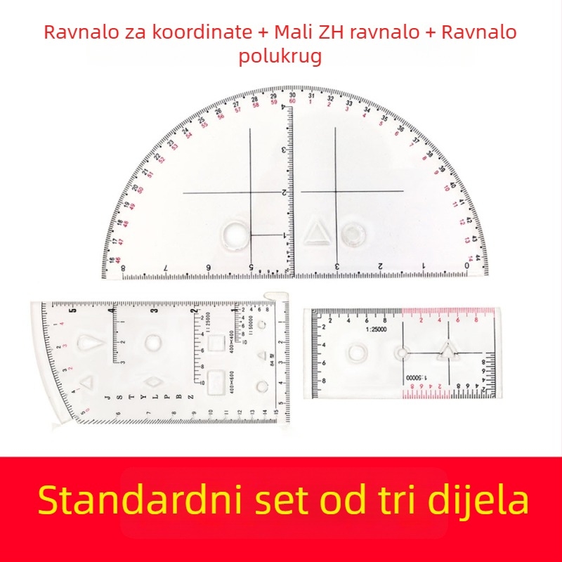 Trodjelni set: polukružni ravnalo, malo Zh ravnalo, koordinatno ravnalo za terenske operacije