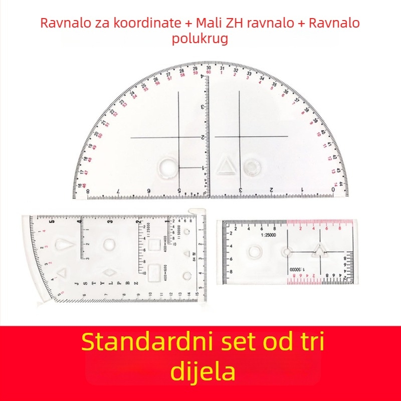 Trodjelni set: polukružni ravnalo, malo Zh ravnalo, koordinatno ravnalo za terenske operacije