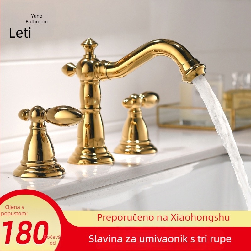 Europski slavina za umivaonik od mesinga s dvostrukim držačima, trootvorna instalacija, topla i hladna voda, zlatni završetak, retro dizajn.