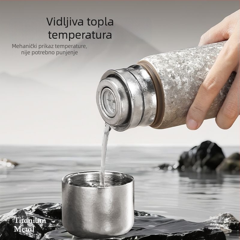Termos od čistog titana sa magnetskim poklopcem i mehaničkim prikazom temperature, odvajanje čaja i vode, prijenosno za automobil