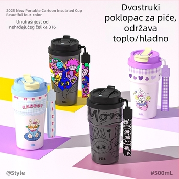 Prijenosna šalica za kavu od 316 nehrđajućeg čelika, karikatura dizajn, sa slamkom, dvostruka vakuumska izolacija