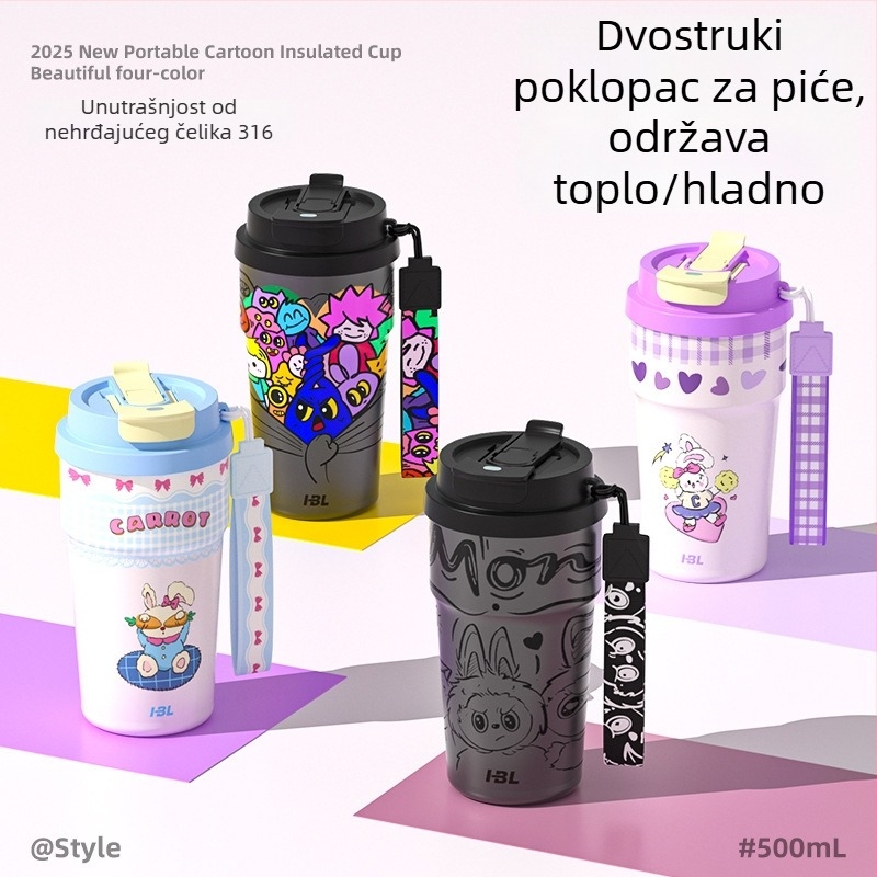 Prijenosna šalica za kavu od 316 nehrđajućeg čelika, karikatura dizajn, sa slamkom, dvostruka vakuumska izolacija