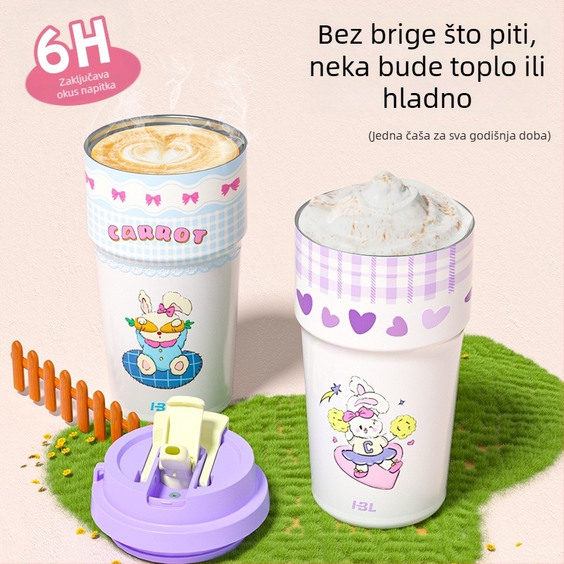 Prijenosna šalica za kavu od 316 nehrđajućeg čelika, karikatura dizajn, sa slamkom, dvostruka vakuumska izolacija