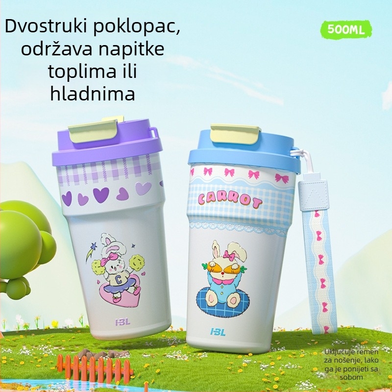 Prijenosna šalica za kavu od 316 nehrđajućeg čelika, karikatura dizajn, sa slamkom, dvostruka vakuumska izolacija