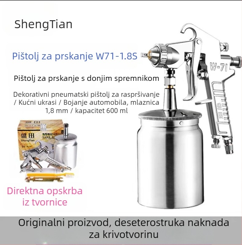 Shengtian W-71/77 pneumatski pištolj za prskanje s gornjim i donjim posudom, namijenjen namještaju, drvetu i automobilske lakove