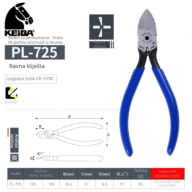 KEIBA kliješta od 6 inča PL-726 s ravnim čeljustima i plastičnim držačem MN-A05