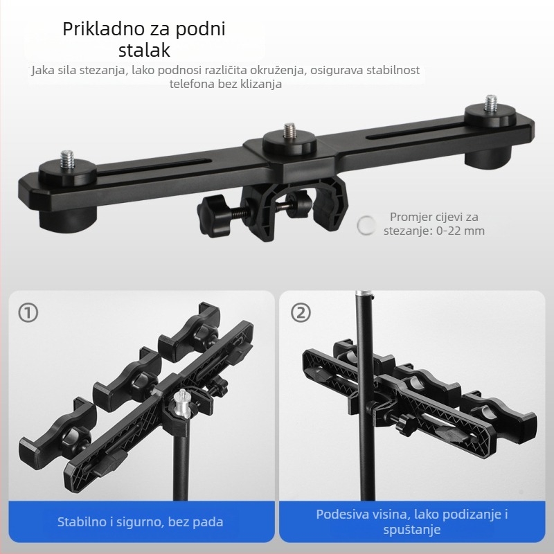 Držač za telefon za livestream s dvostrukim poprečnim nosačem i tri držače za telefone, gimbal za selfie — dodatak za podni stativ