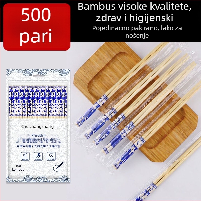 Jednokratni bambusovi štapići, individualno pakirani za higijensku upotrebu, pogodni za kućnu i restoransku upotrebu, 50 parova u pakiranju, biološki razgradivi, mogućnost tiska logotipa