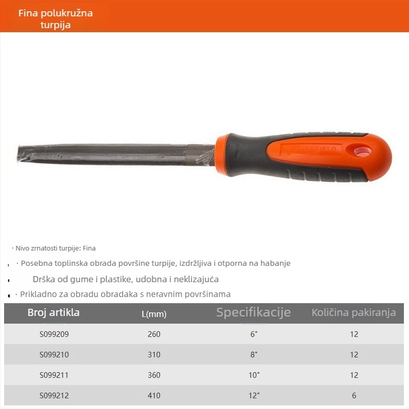 Steel Shield Set fajlova: ravni, okrugli, polukružni, trokutasti i kvadratni fajlovi s grubim, srednjim i finim zubima, veličina 6"–12"