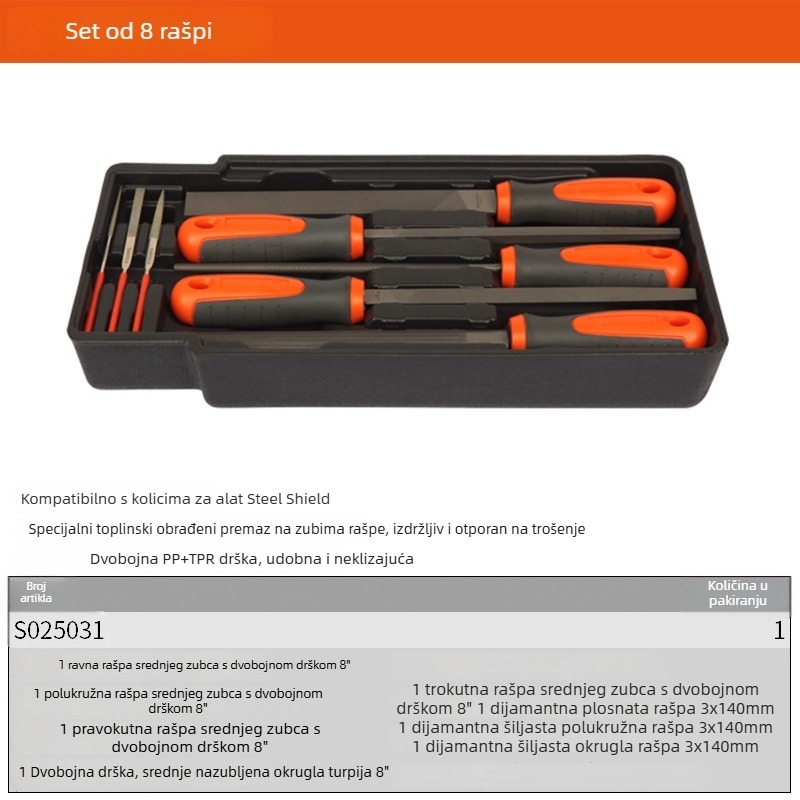 Steel Shield Set fajlova: ravni, okrugli, polukružni, trokutasti i kvadratni fajlovi s grubim, srednjim i finim zubima, veličina 6"–12"