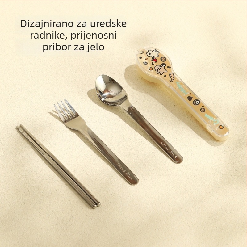 Dječji prenosivi set pribora od nehrđajućeg čelika 304: vilica, žlica i štapići, kutija za pohranu i kutija za ručak, višebojnog dizajna