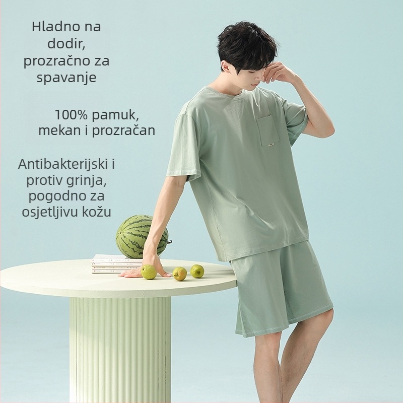 Muški ljetni set pidžama, 100% pamuk, klasa A, lagan, prozračan, kućna odjeća
