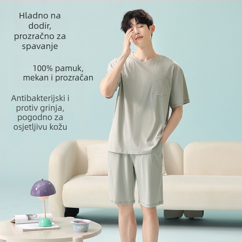 Muški ljetni set pidžama, 100% pamuk, klasa A, lagan, prozračan, kućna odjeća