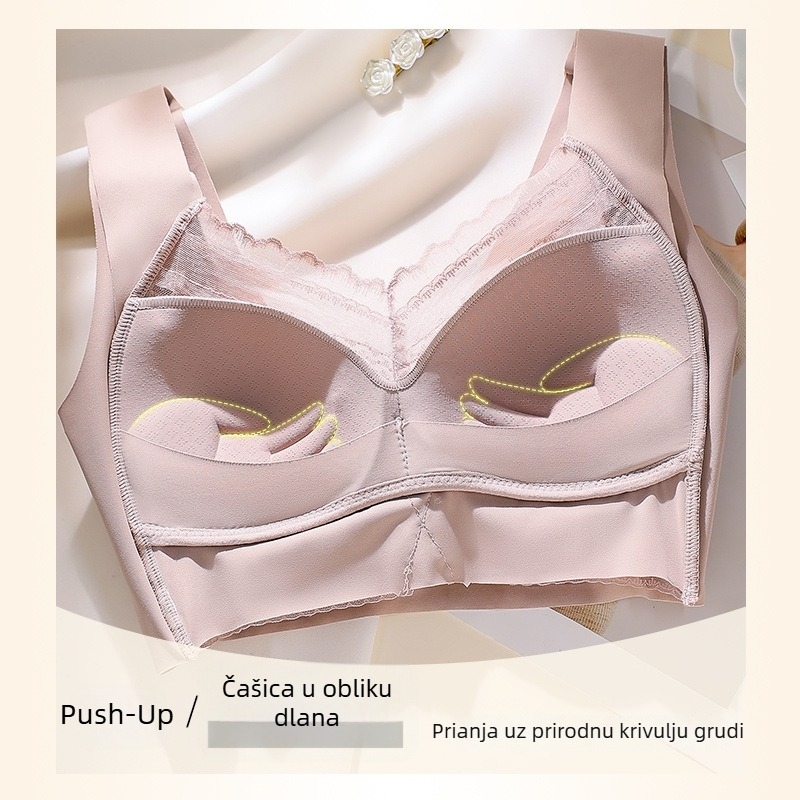 Bešavnu grudnjicu s čipkom na leđima, bez žica, s fiksnim košaricama, skuplja i podiže grudi, vest-stil