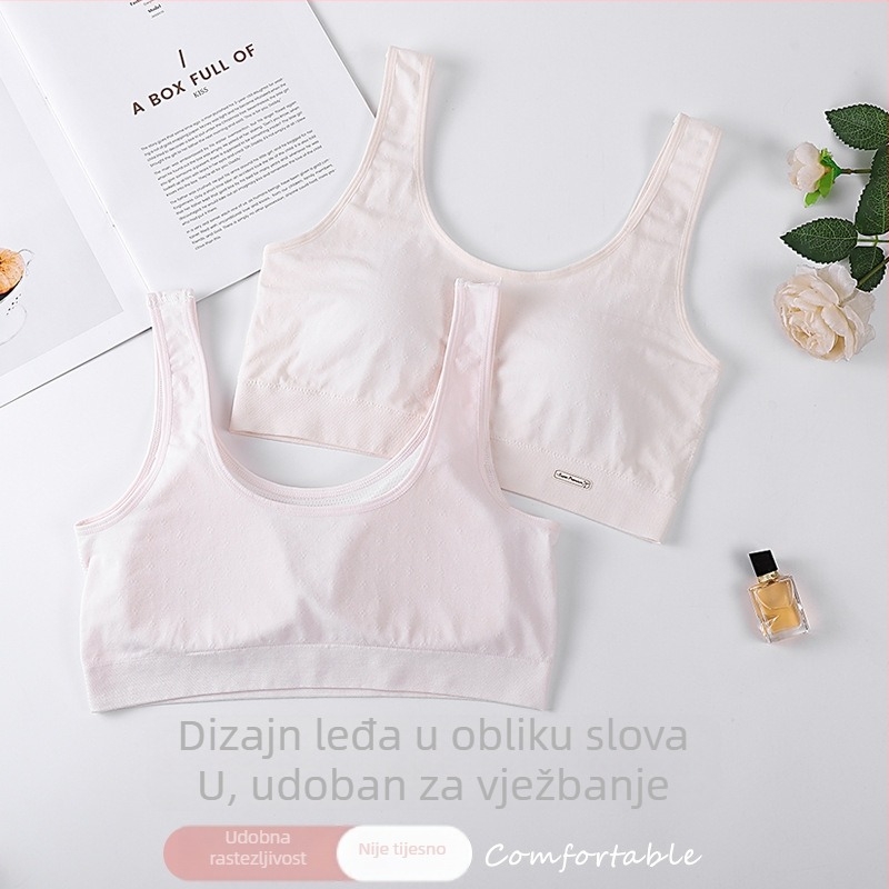 Udoban i prozračan sportski grudnjak u stilu veste za djevojke u razvoju, s fiksnim košaricama, bez metalnih okvira