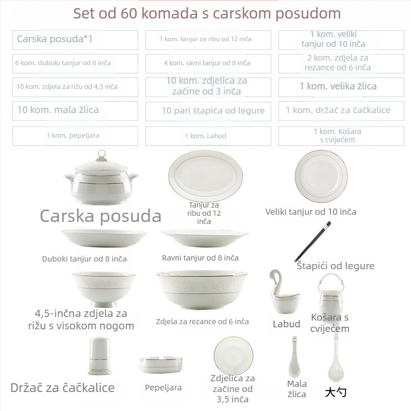 Set posuđa od kostnog porcelana – keramički tanjuri i male zdjelice za kuhinju, suvremen minimalistički dizajn