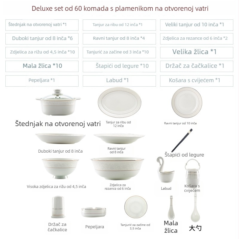 Set posuđa od kostnog porcelana – keramički tanjuri i male zdjelice za kuhinju, suvremen minimalistički dizajn