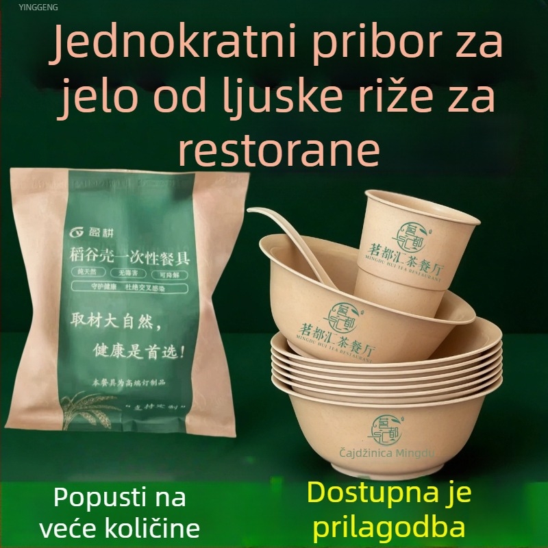 Yinggeng Jednokratno posuđe od ljuske riže – četvero dijelni set s čašama, zdjelicama, tanjurima, štapićima za jelo i zdjelom za rižu, za restoran