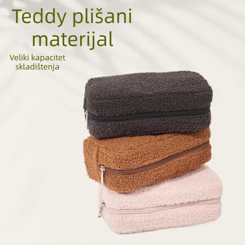 Jednobojna Teddy Velvet kozmetička torbica, velika kapaciteta za njegu kože, putna pliš torbica za toaletne potrepštine, torbica za ruž