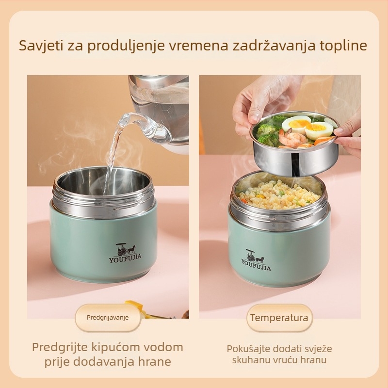 Kutija za ručak od 304 nehrđajućeg čelika s vakuumskom izolacijom i zatvorenim poklopcem, kompaktna i prijenosna za učenike