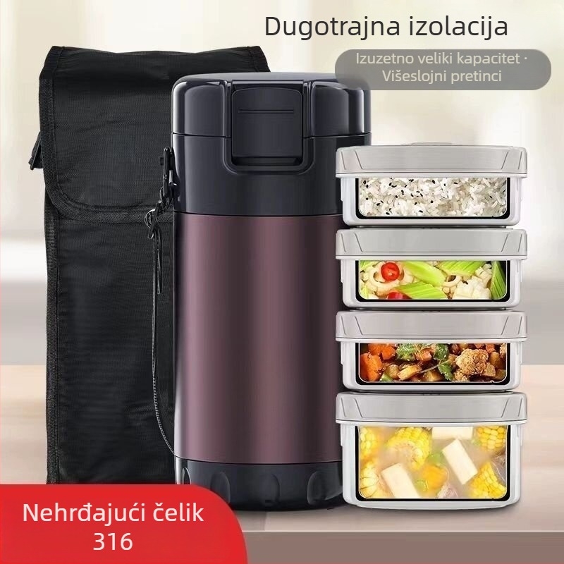 Kutija za ručak od 316 nerđajućeg čelika, vakuumski izolirana, velika kapaciteta, 3-4 sloja, Bento stil, prijenosna za učenike