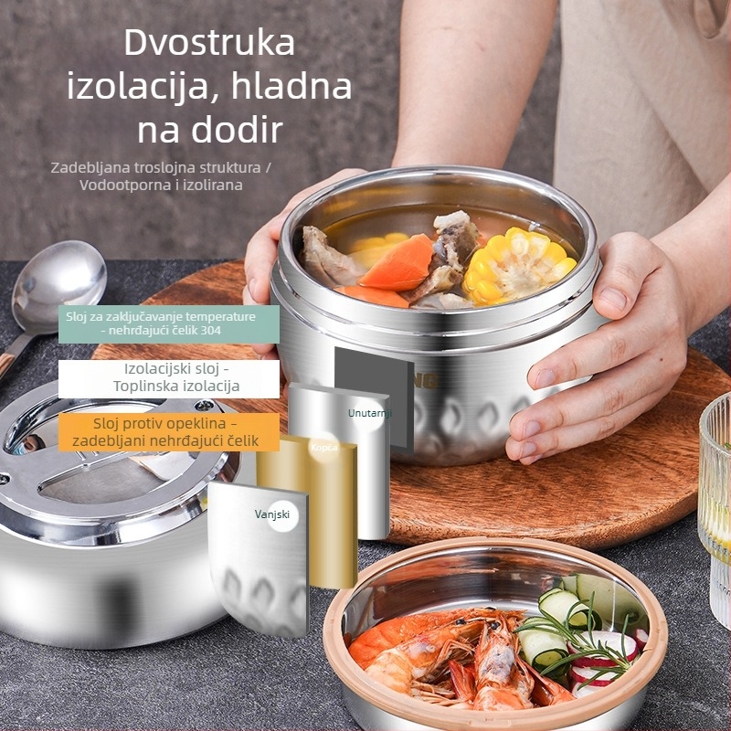 Izolirana kutija za ručak od nehrđajućeg čelika sa separatorom, dvostruki sloj, velika kapaciteta, kvaliteta hrane, s ručkom
