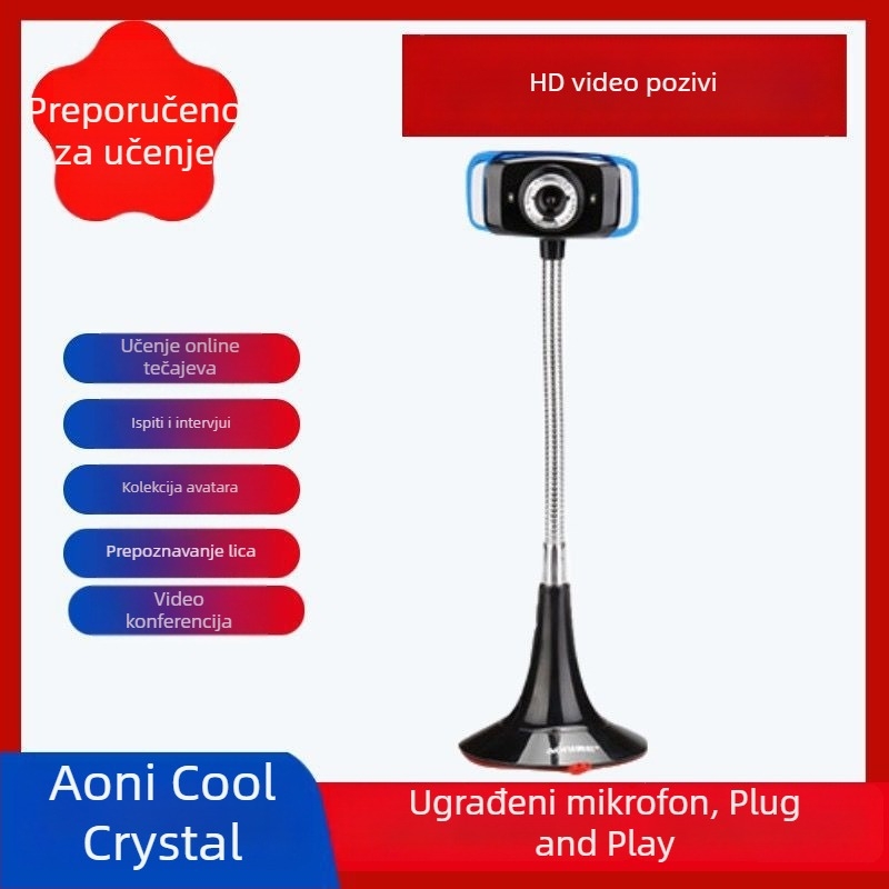 Aoni Cool Crystal HD USB web kamera s ugrađenim mikrofonom, za desktop i prijenosno računalo, Plug-and-Play, 640x480 @30fps