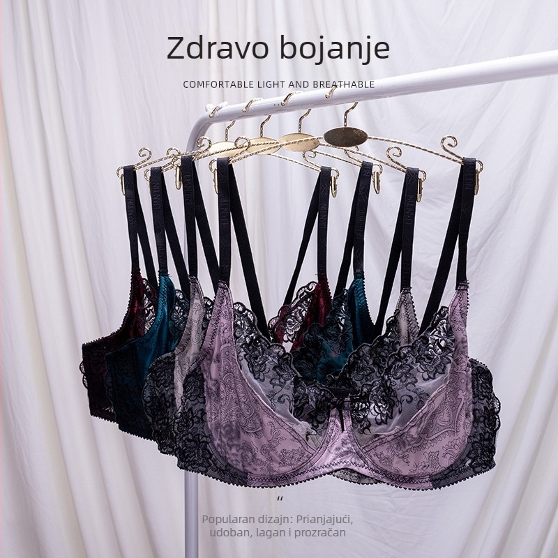 Saten grudnjak s čipkom, D veličina, plus veličina, s mekanim žicama za potporu, podizanje, sprječava opuštanje, velike grudi izgledaju manje, tanak jednostruki seksi grudnjak