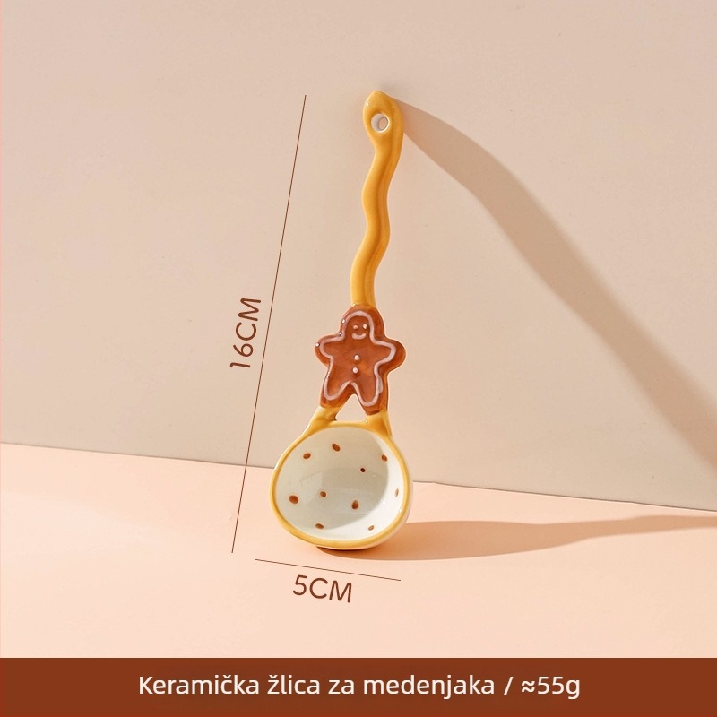 Keramička žlica s dugom drškom i crtanim uzorak ispod glazure, nordijski stil, žlica za juhu i desert