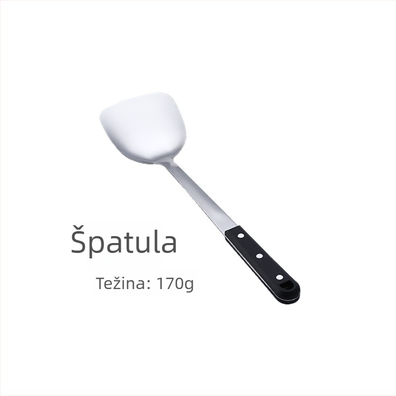 Set kuhinjskih alata od nehrđajućeg čelika s završetkom crne biserne boje, uključuje debele žlice za lonce i juhe, cedilo za vruće posude i spatulu za prženje.