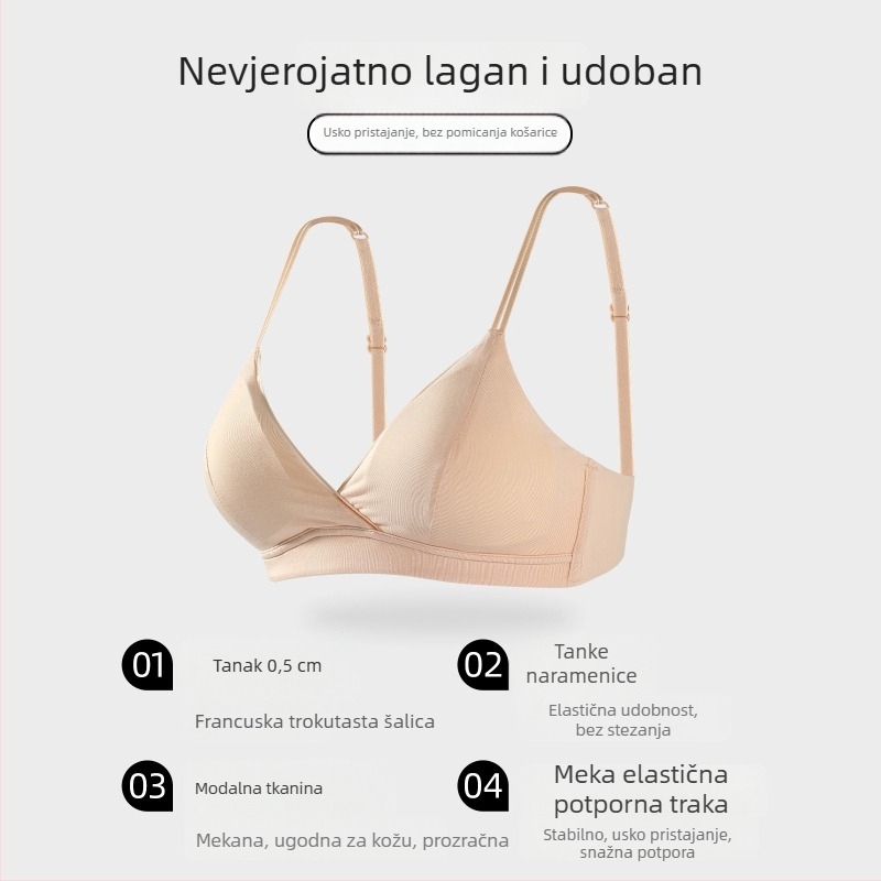 Ženski grudnjak s trokutastim košaricama u francuskom stilu, lagan, prozračan modalni materijal, udoban, vizualno smanjuje poprsje.