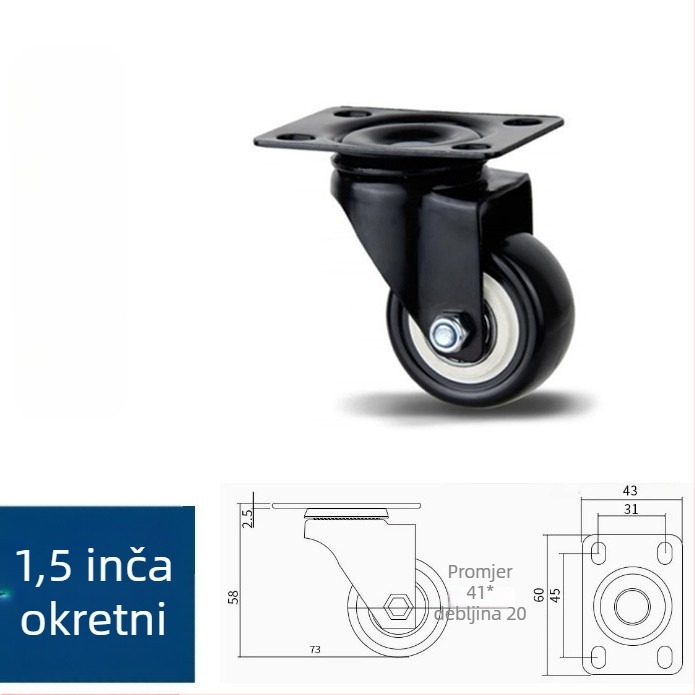 Meiboshi nylon universalni kotač s ležajem, crna, 1,5-2 inča, industrijski kotač za namještaj i prtljagu