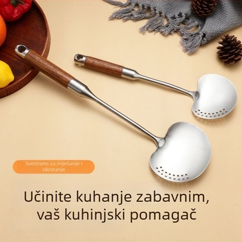 Kuhinjska spatula od nehrđajućeg čelika 304 s produljenom drškom od drva za zaštitu od opeklina, perforirana glava oblika gljive za prženje